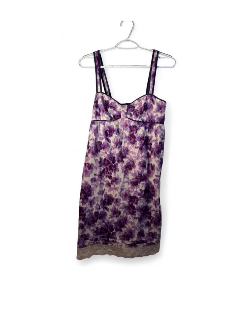 Eloise Anthropologie Purple Floral Satin Slip Dress with Lace Hem